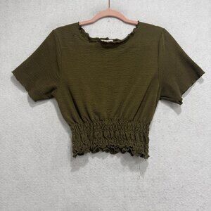 COMUNE Shirt Womens Medium Green Lina Waffle Knit Ruffle Smocked Hem Cropped Top